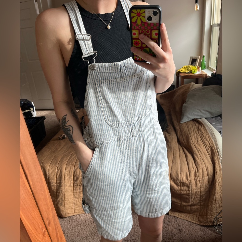 Blue Pinstripe Soft Denim Overall Shorts BDG